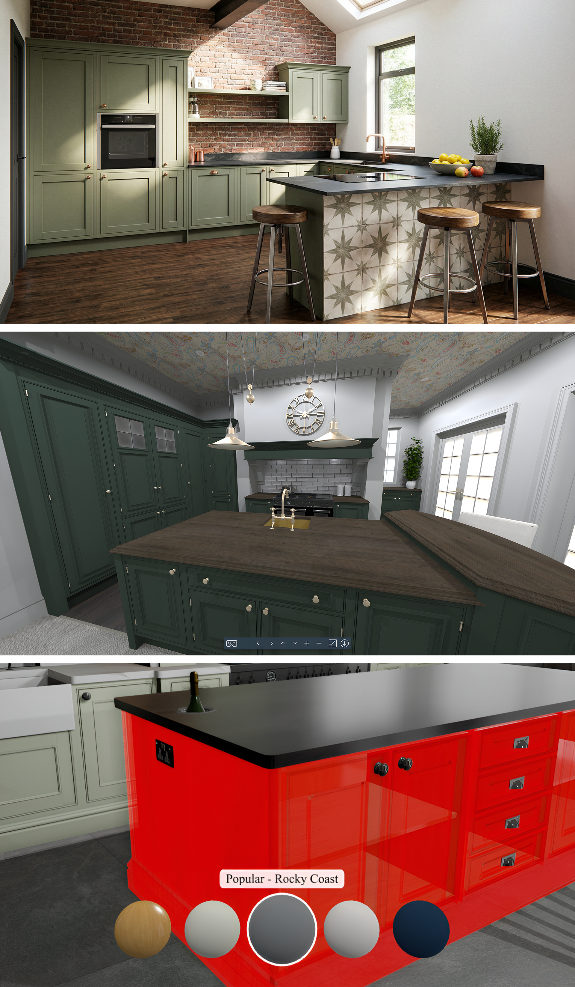 Top image shows a modern kitchen with green cabinets, a brick wall, black countertops, and a corner with a window and bar stools. Middle image depicts a kitchen with dark green cabinets, a wooden island, and a decorative ceiling with a clock and hanging lights. Bottom image presents a red kitchen island with black countertop, set in a contemporary space with a stone floor and white cabinetry.