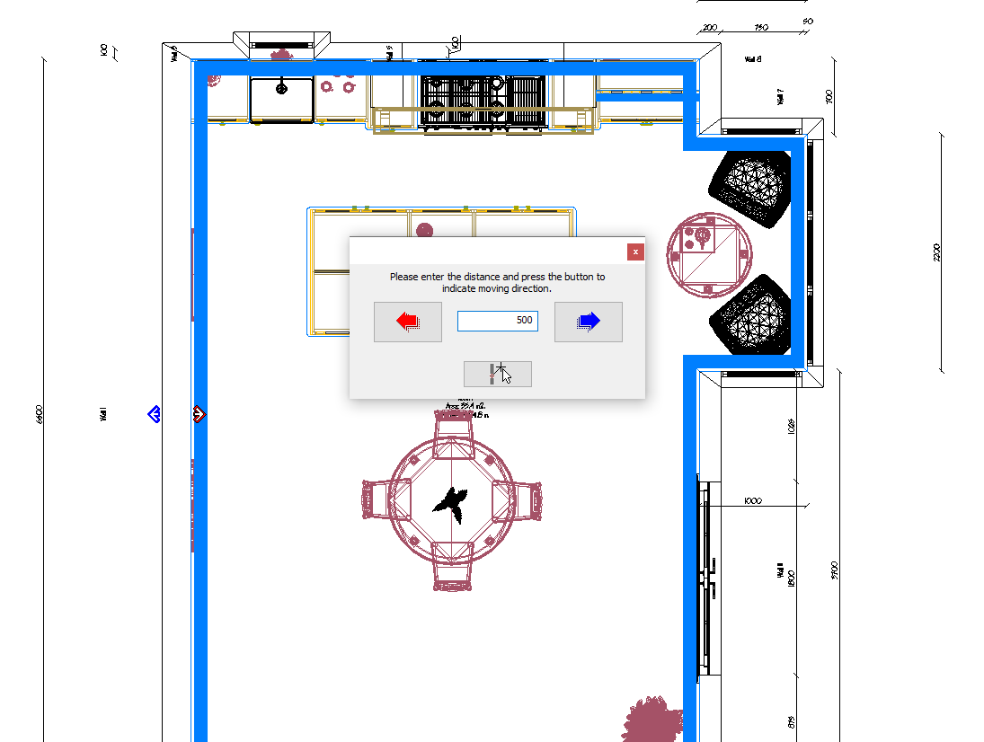 A detailed architectural floor plan with a pop-up window overlay showing instructions to enter distance and press buttons to indicate moving direction, including graphics and measurements.