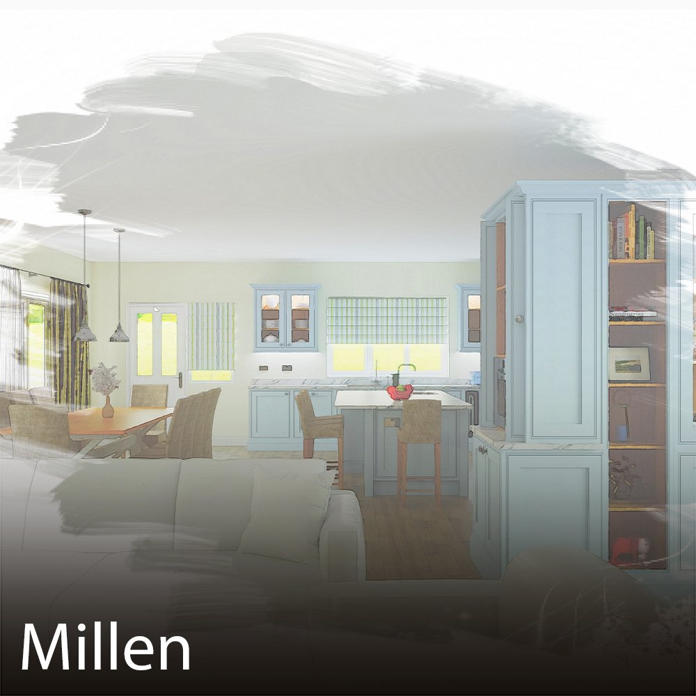 Living room and kitchen area with light blue cabinetry, a dining table with chairs, and large windows letting in natural light.