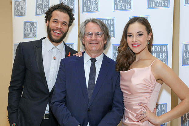 Director Bartlett Sher (center) poses with Jordan Donica (Sir Lancelot) and Solea Pfeiffer (Guenevere). (© Tricia Baron).jpg