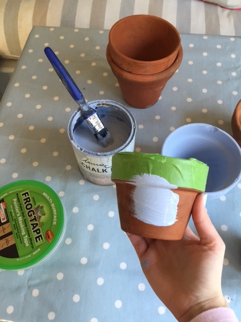 Chalk paint your pots (no prep required). I used FrogTape on the areas I wanted to remain terracotta.