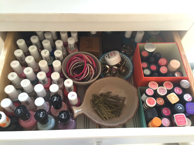 Use shallow dishes and boxes to store items that need containing.