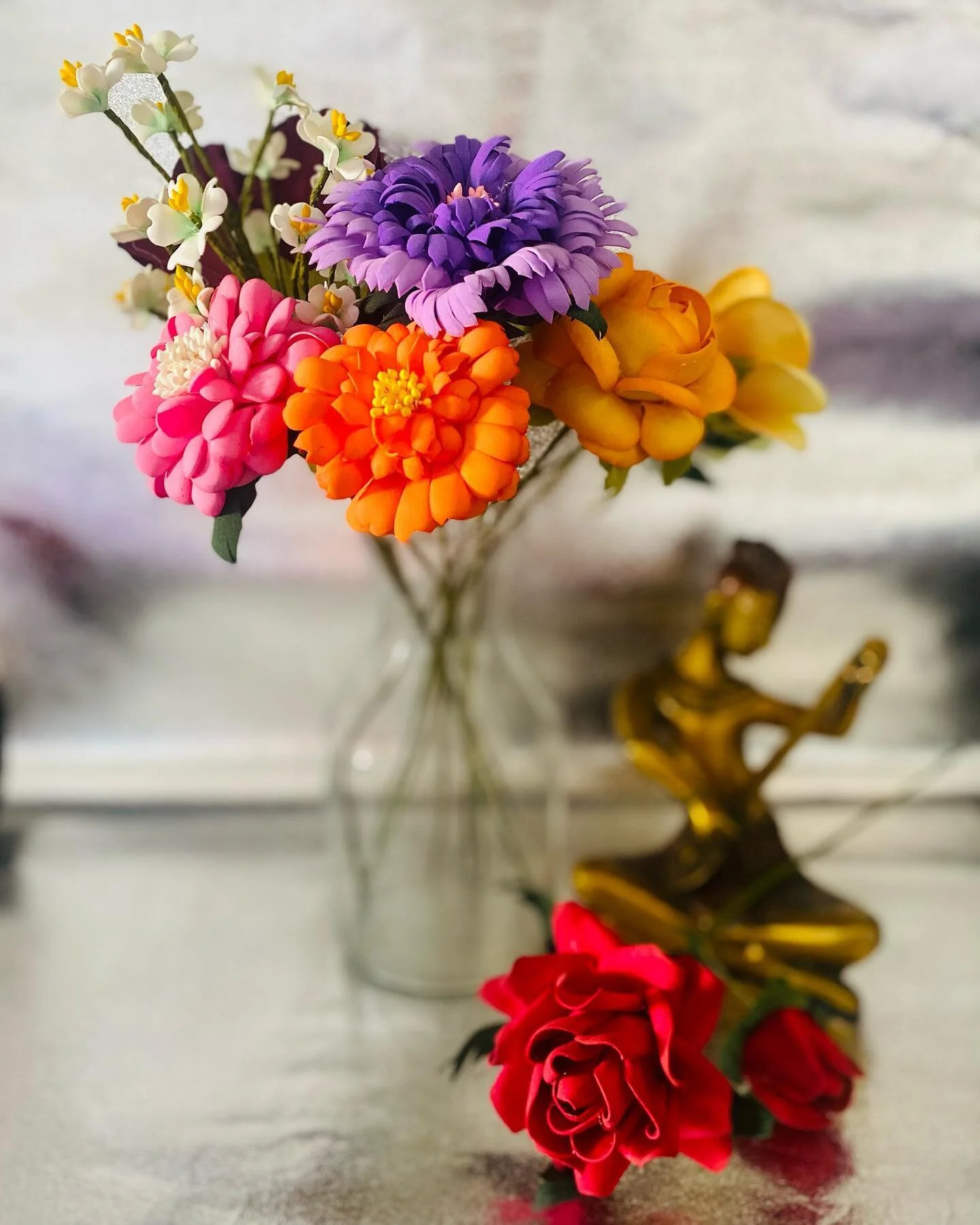 Place these beautiful foam flowers in a clear glass vase to create a visually appealing center-piece. 

#foamflowers #flowers #homedecor #bouquet #birthday #flower #decoration #handmade #flowersbouquet #weddingbouquet #bouquets #flowers