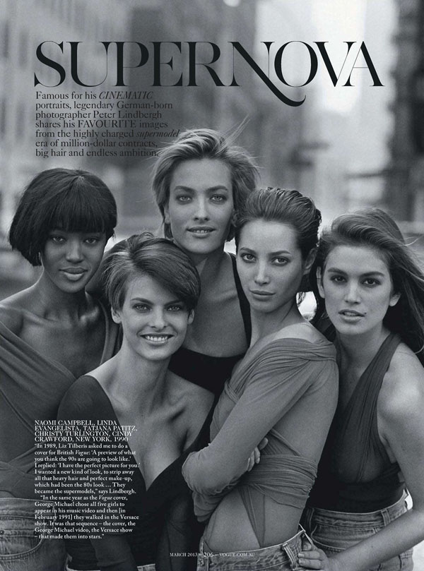 Christy, Linda, Naomi, Cindy & Tatjana by Peter Lindbergh for Vogue  Australia (2013) as 'Supernova