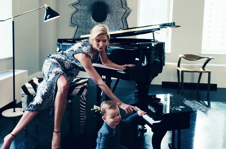 “I would say Ivanka is definitely the CEO of our household,” says her husband, Jared Kushner. Trump, in an Erdem embroidered tweed dress, with their son, Joseph. De Beers diamond earrings.Photographed by Norman Jean Roy, Vogue, March 2015