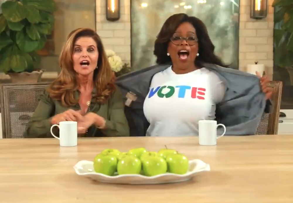 OPRAH URGES HER 42 MILLION TWITTER FANS TO HEAD TO THE POLLS, SITTING ALONGSIDE HER LONGTIME FRIEND, NBC NEWS’ MARIA SHRIVER IN A NEW PUBLIC SERVICE AD. THE MEDIA MOGUL SAYS ABOUT VOTING “OUR COUNTRY DEPENDS UPON IT.”