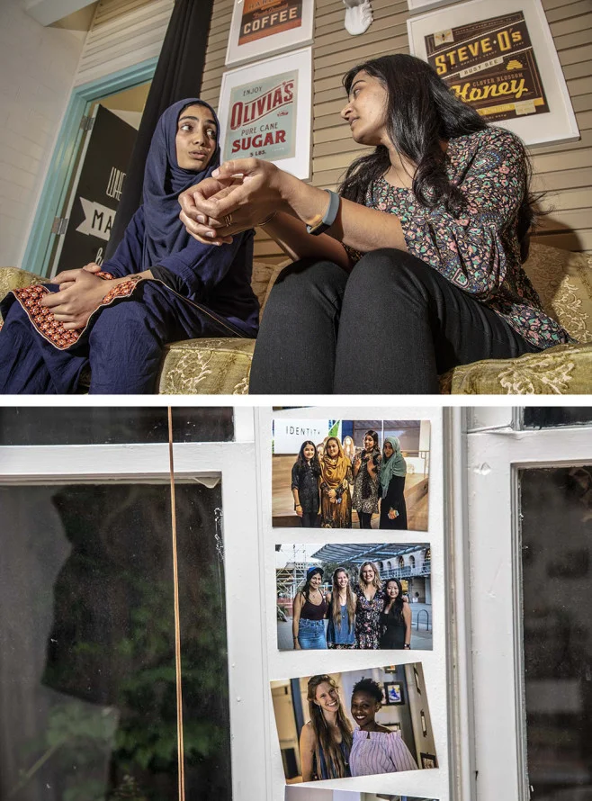 Top: Fatima and her mentor, Wajiha, meet up weekly to catch up. Bottom: In the middle photo, Blair Brettschneider, the founder of GirlForward is flanked by her Austin staff. | Mark Peterson/Redux Pictures for Politico Magazine