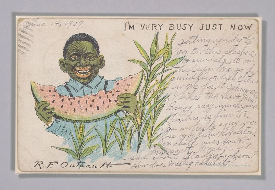 Postcard depicting a caricatured boy eating a slice of watermelon. Collection of the Smithsonian National Museum of African American History and Culture, Gift of the Collection of James M. Caselli and Jonathan Mark Scharer