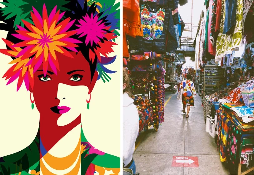One of Favre’s early sketches for the cover, and her snapshot of a market in Mexico City. Malika Favre