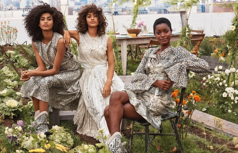 Oumie Jammeh, Alanna Arrington and Imaan Hammam ask us “Who is wearing chic clothes made of orange peel?” from the H&M Conscious Exclusive 2019 campaign.