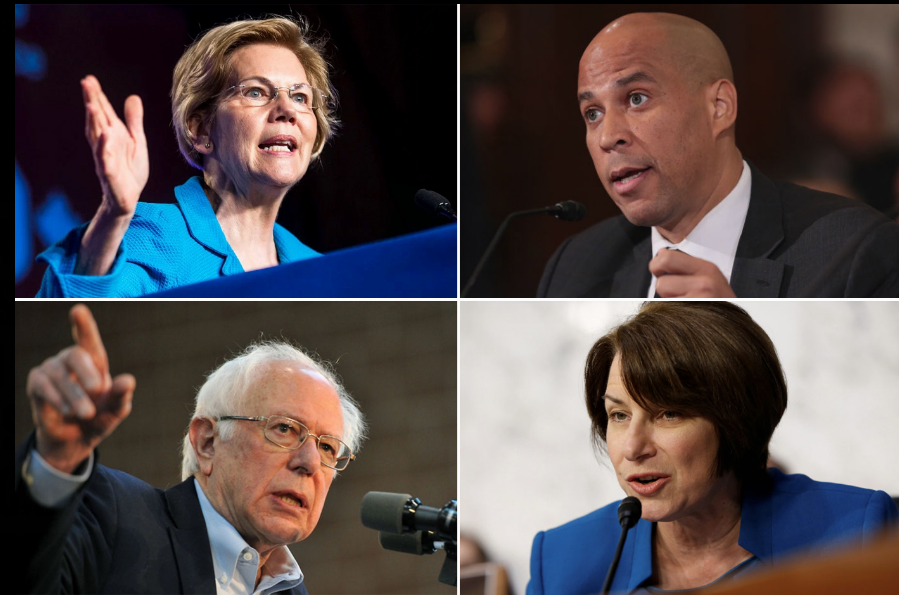 From top left: Democrats Elizabeth Warren, Cory Booker, Bernie Sanders, Amy Kloubuchar (AP photos)