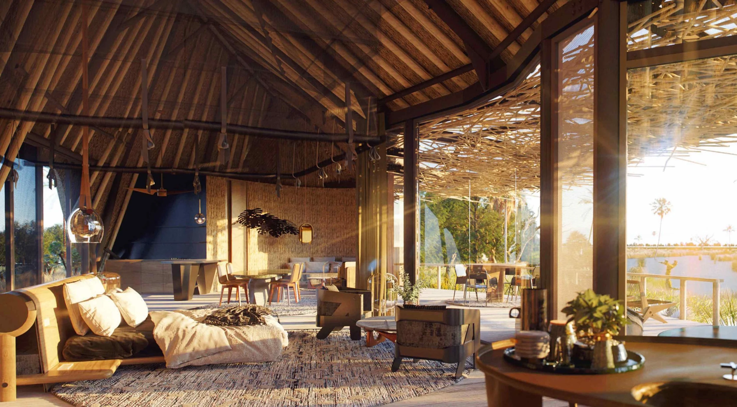 A living space in the redesigned Jao Camp, in Botswana Image via Wilderness Safaris.