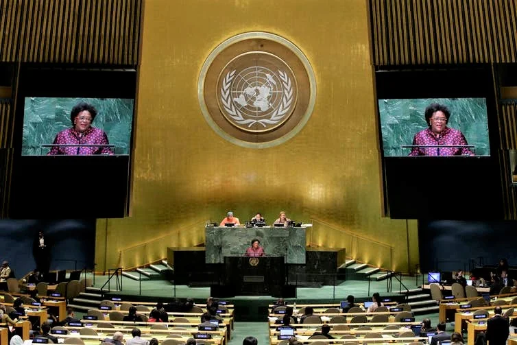 Barbados Prime Minister Mia Mottley at the 2018 United Nations General Assembly. AP Photo/Frank Franklin II