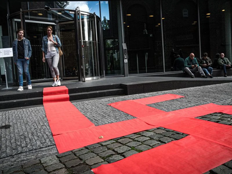 A picture taken on September 8, 2019 shows a Swastika formed with red carpets by artist Ralph Posset during the opening of an exhibition entitled "Design of the Third Reich" at the Design Museum Den Bosch, in 's-Hertogenbosch, central Netherlands. - The exhibition will show the contribution of design to the development of the Nazi ideology. (ROB ENGELAAR/AFP/ Getty Images for Smithsonian.com )
