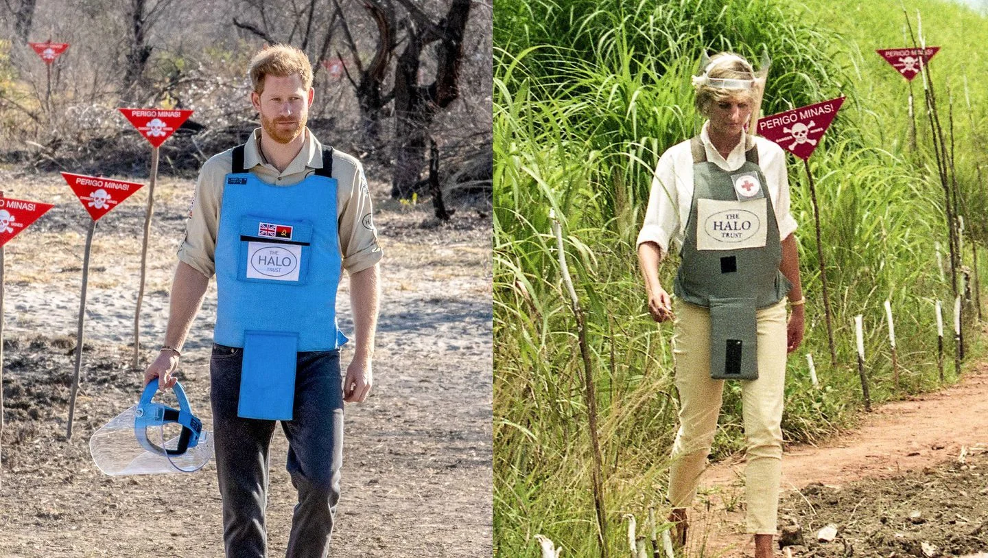 Prince Harry visits a minefield in Dirico, Angola, on Sept. 27. On the right, his late mother Diana, Princess of Wales, during her visit to a minefield in Angola on Jan. 15, 1997. (Halo Trust/AFP/ image via Washington Post.