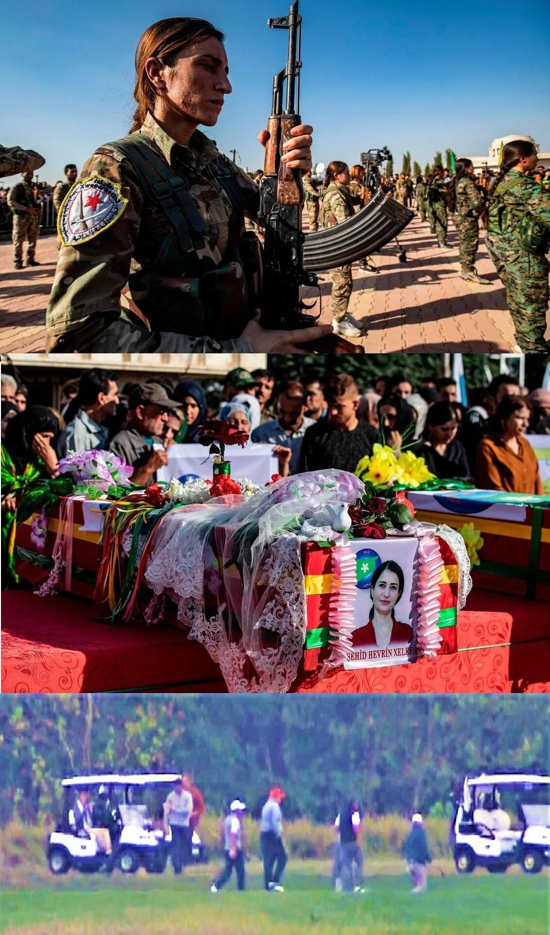 After giving the go-ahead to Turkey’s assault on the Kurds in Northern Syria, disgraced US President Donald Trump played golf on Saturday. As the bullet-riddled SUV of Secretary-General of the pro-Kurdish Future Syria Party and Hevrin Khalaf herself was shot and stoned to death, along with others in her convoy, Trump had a mighty good golf game. The Republicans scream “liar, liar, pants on fire”, but this fact is the truth, the image is real. Trump has nowhere to run, and nowhere to hide. The US president has totally disgraced America’s military and American values in support of the Kurds. His self-serving, Putin’s-puppet actions repulse us, and we grieve for the Kurdish people. Trump playing golf via.