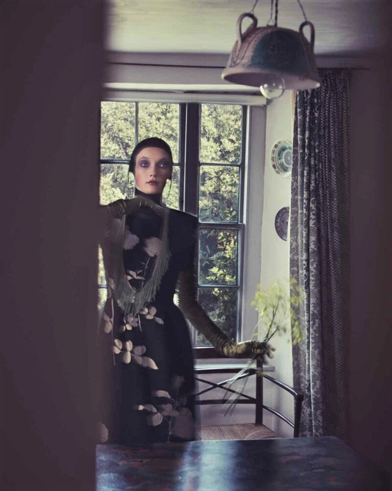 Dries Van Noten embroidered wool dress, £1,395. Molly Goddard polyester bodysuit, price on request. Beaded necklace, stylist’s own. Gucci satin gloves, £400. Rebel Rebel garden flowers, price on request | Image: Yuval Hen 