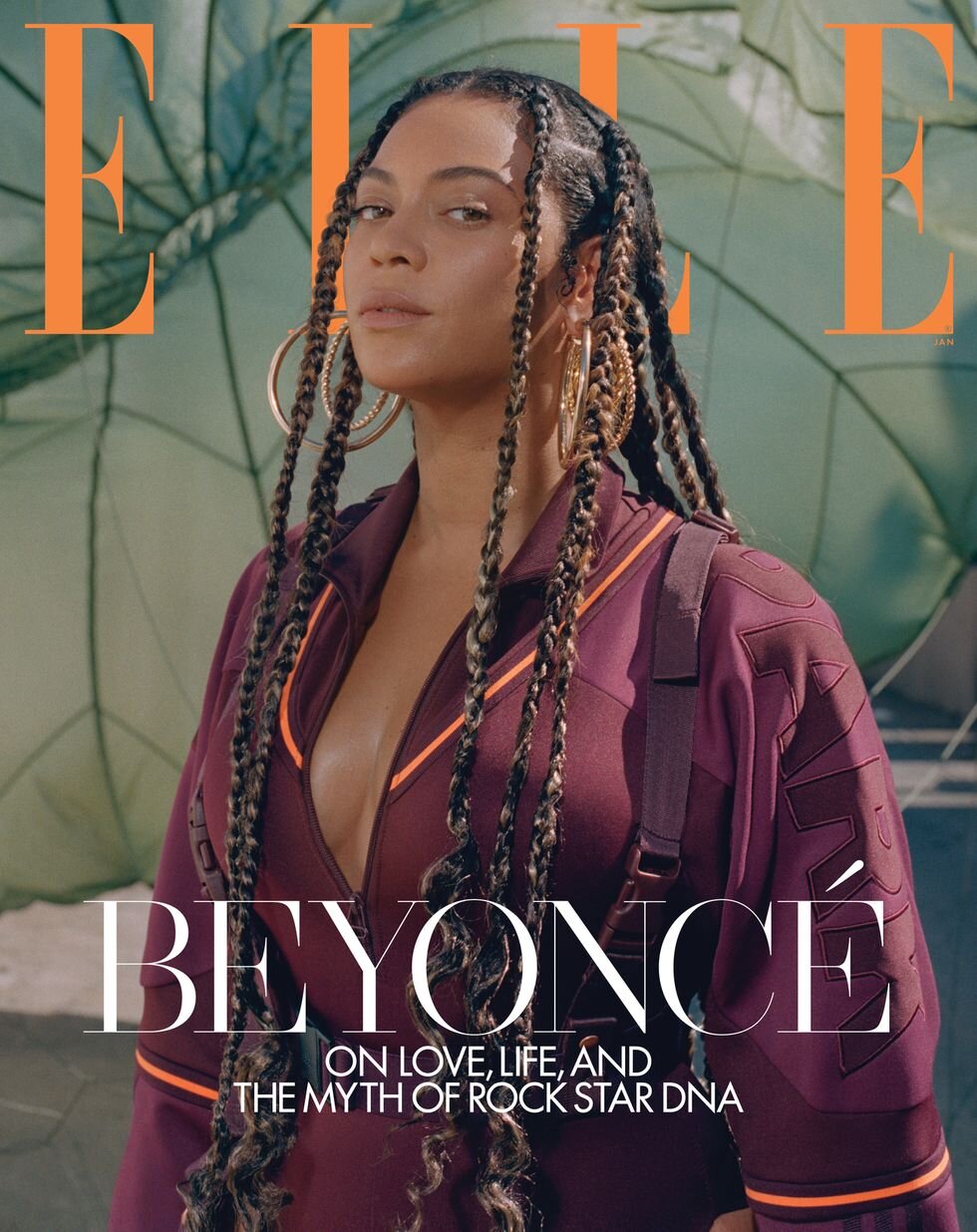  Track top bodysuit and harness bag, IVY PARK x adidas. Hoop earrings, Lana Jewelry. Beyonce by Melina Matsoukas for ELLE US January, 2020. 