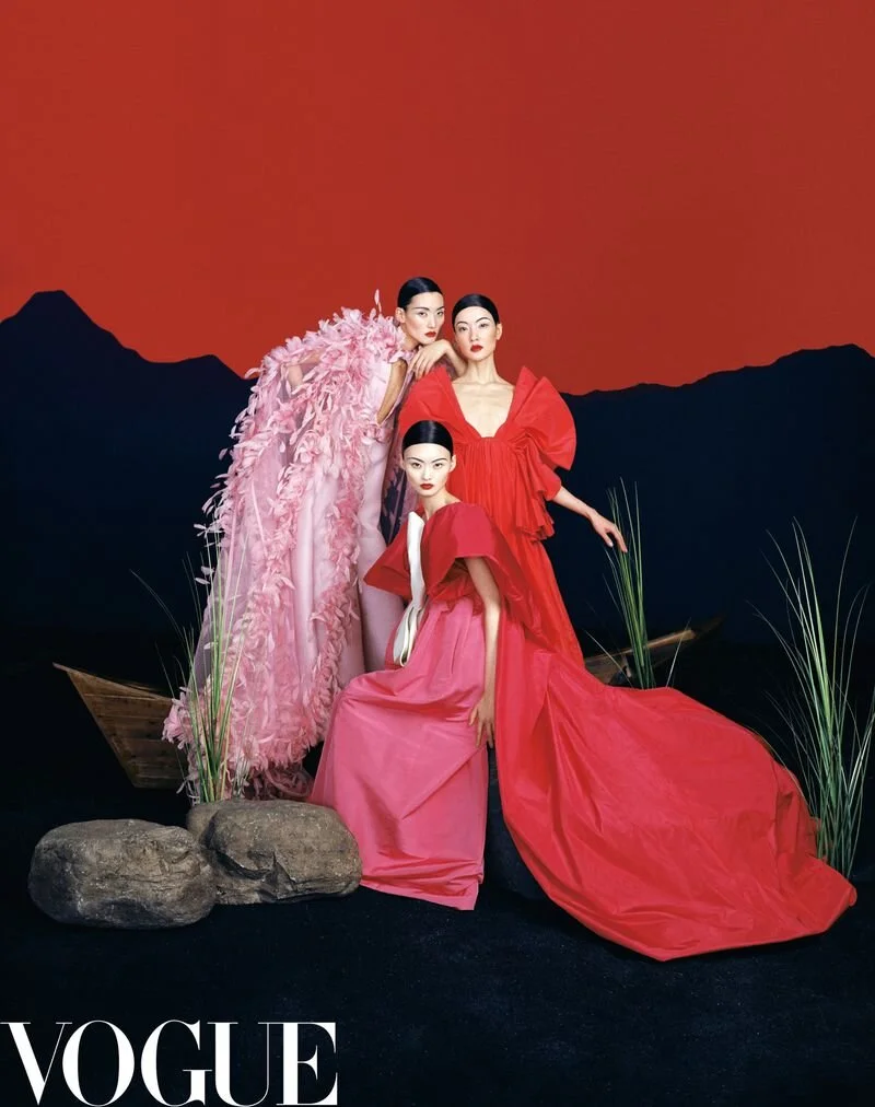 DuJuan (r), He Cong (m), Lina Zhang (l) by Leslie Zhang for Vogue China February 2020