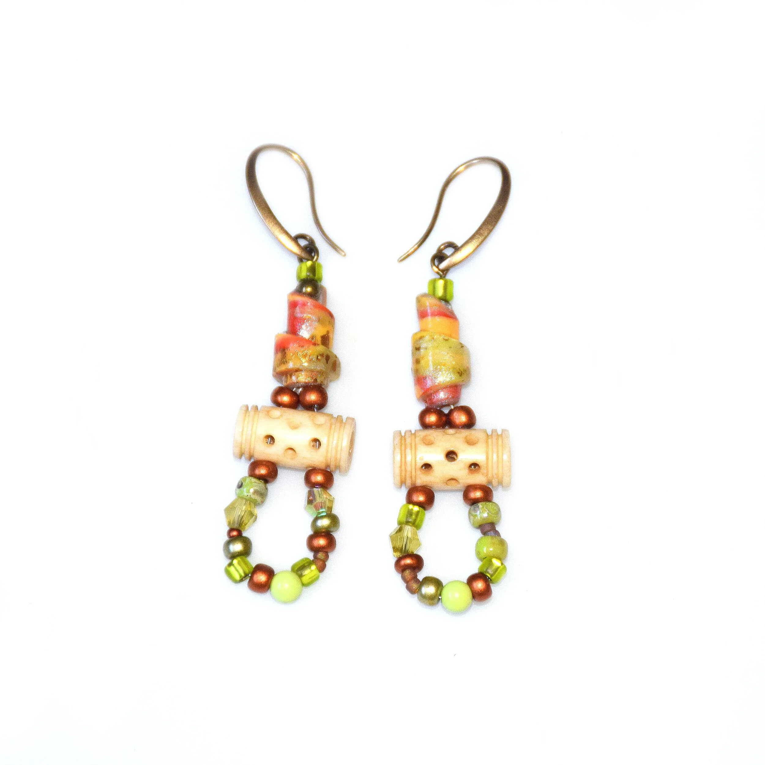 Garden Party Art Bead Pink-Green Drop Earrings