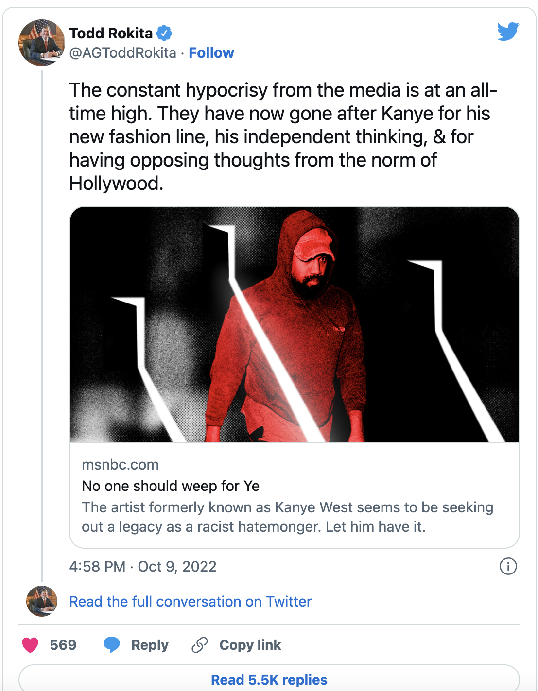 Indiana AG Rokita of 10-Year-Old Raped-Girl Forced-Birth-Fame Defends Kanye West's Anti-Semitism