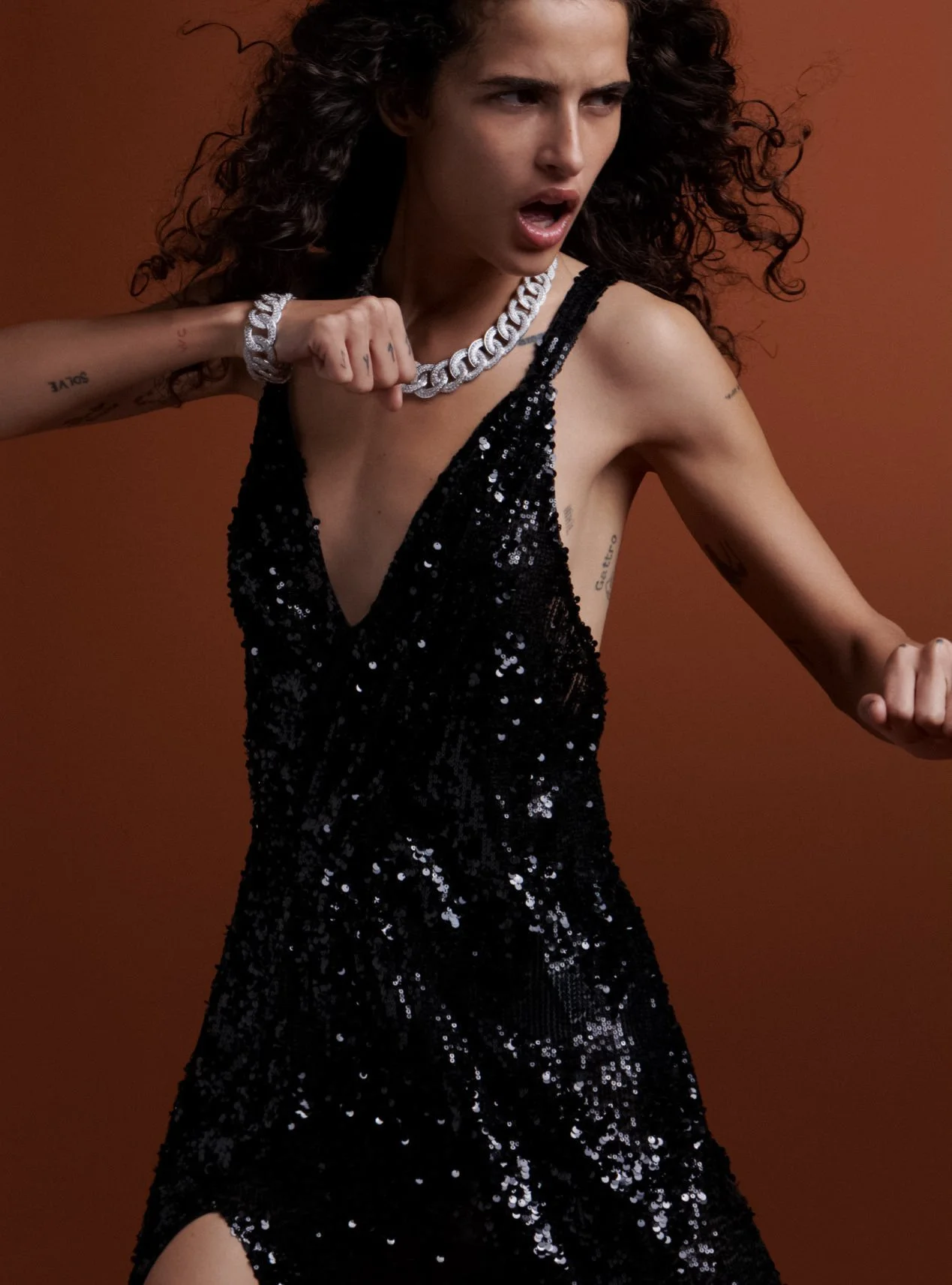 Chiara Scelsi Wears Jazz Club Holiday Glam in Harper’s Bazaar UK December