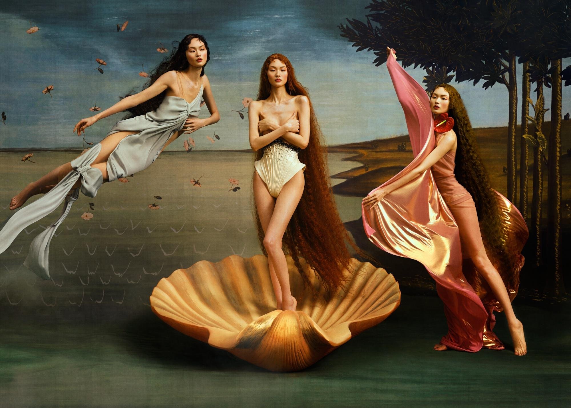  He Cong for Marie Claire China inspired by Sandro Botticelli  The Birth of Venus.  
