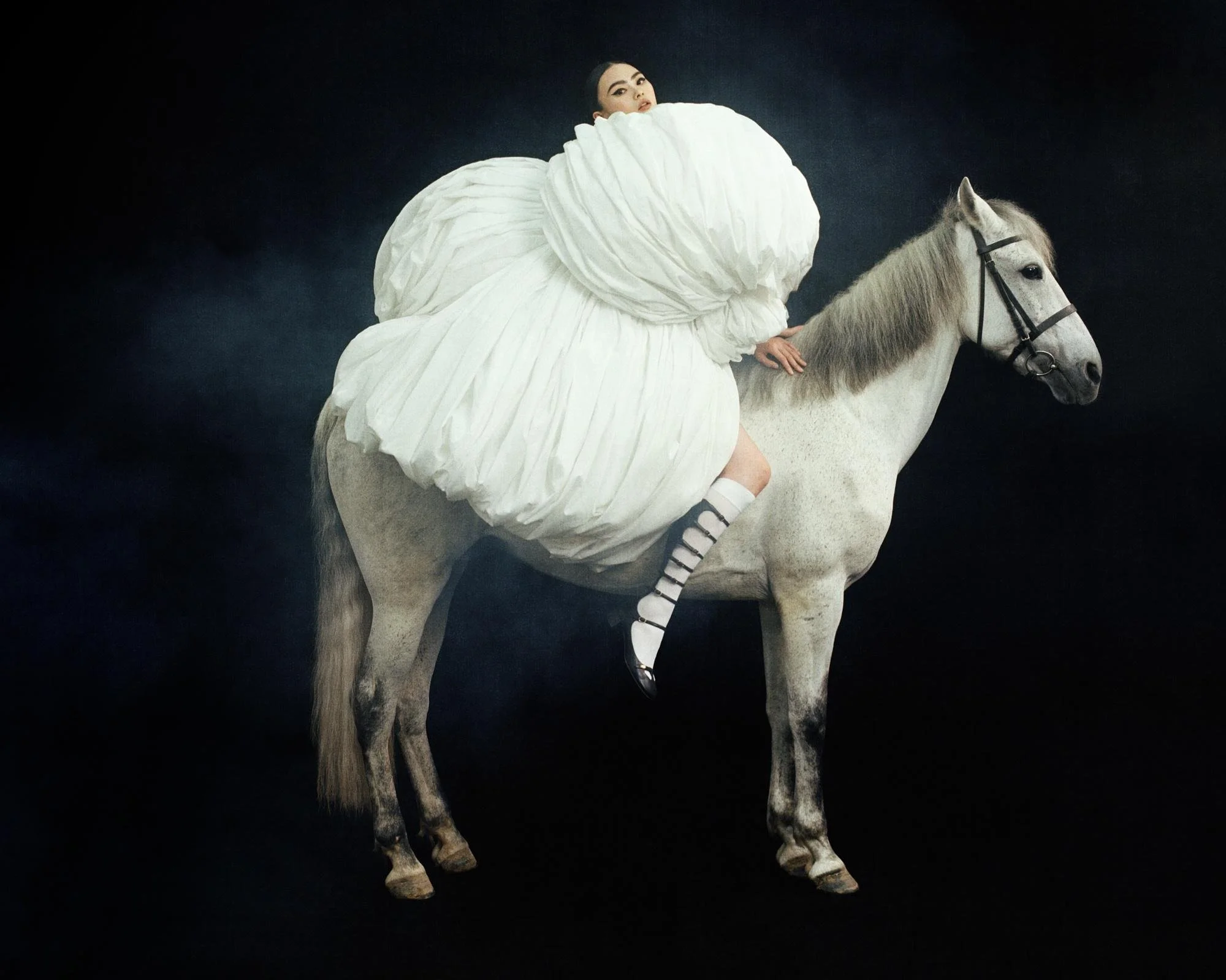  He Cong for Marie Claire China inspired by Valaquez  Equestrian Portrait of Elisabeth of France.  