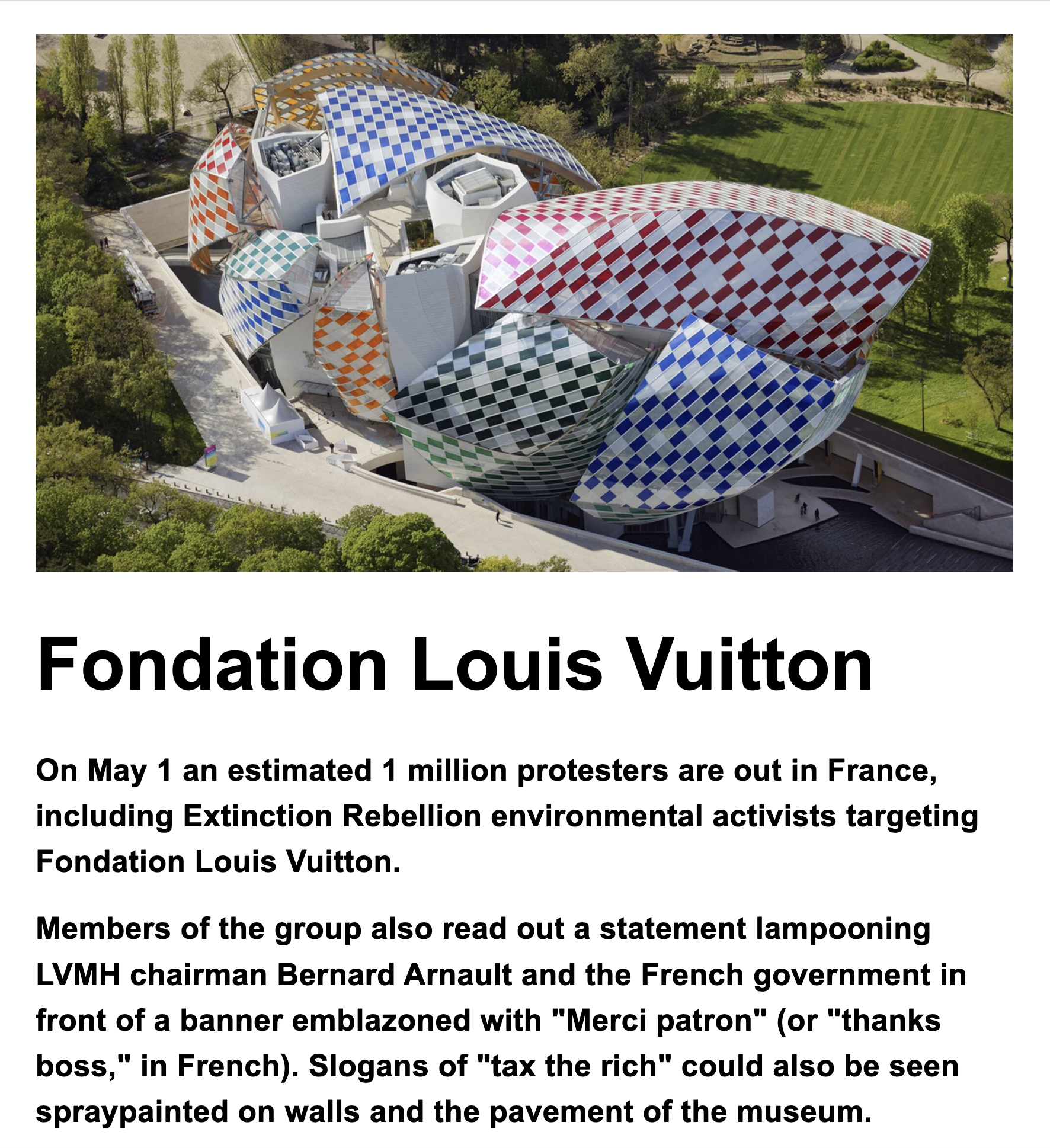 Extinction Rebellion Activists Protest at Fondation Louis Vuitton in Paris