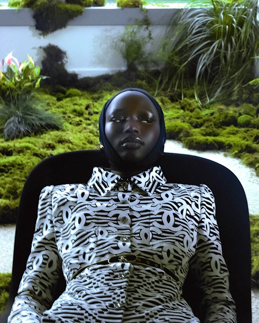 Nyaduola Gabriel in a 'Chlorophylle' Biosphere by Anthony Arquier for Numéro 246