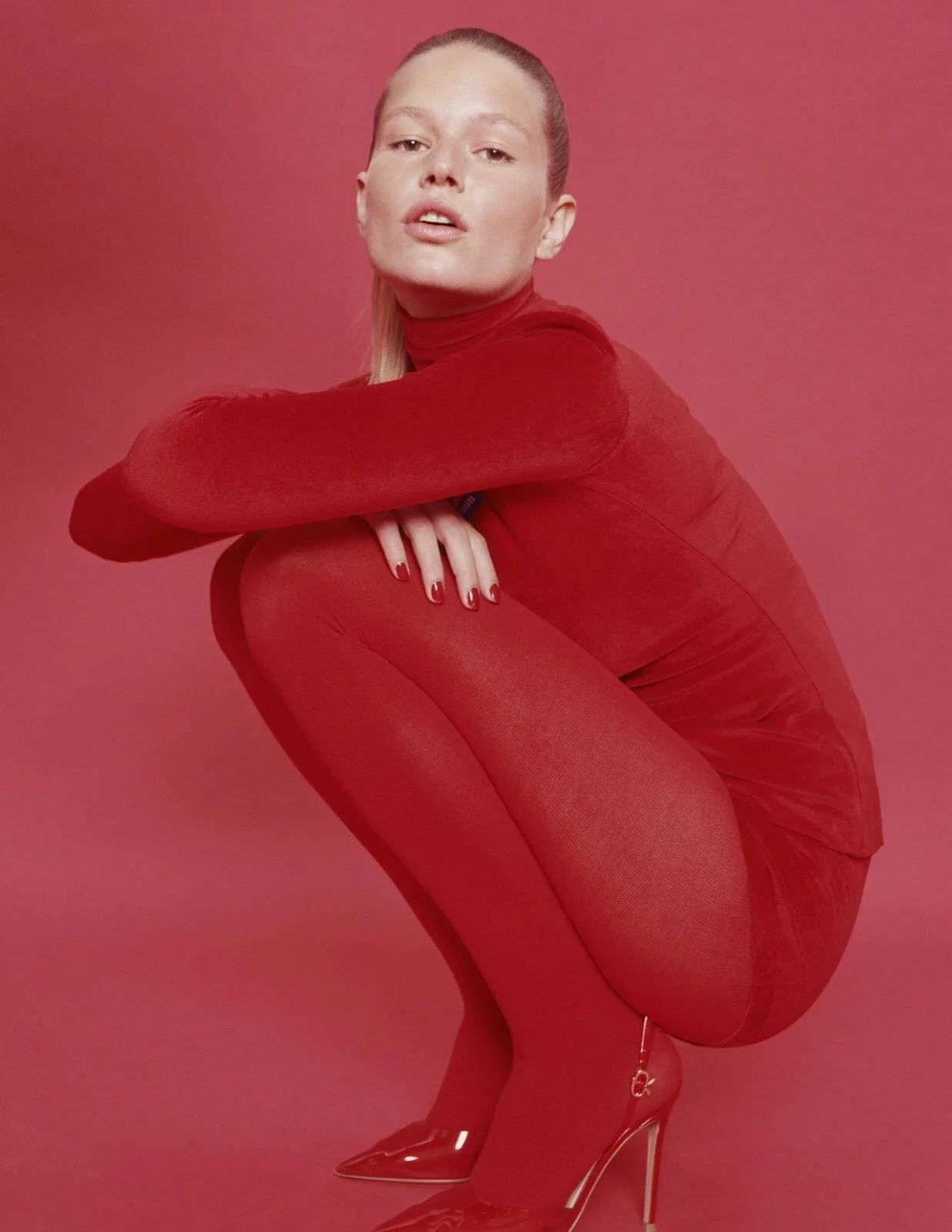 Anna Ewers' Sensual Red Stockings by Sam Rock in Vogue Paris