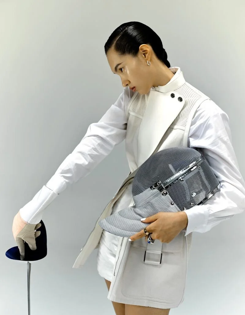 Yuan Bo Chao Poses in Fencing Fashion Images by Nick Yang for Marie Claire China