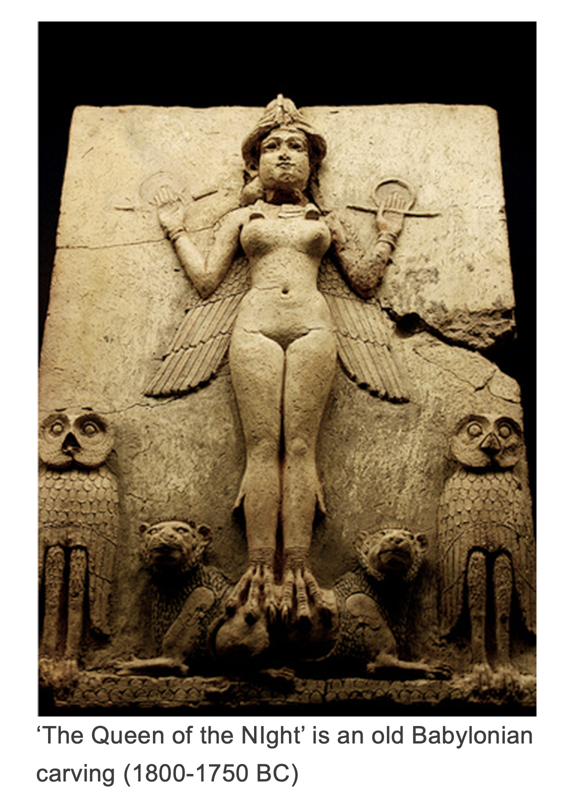 The Queen of the NIght’ is an old Babylonian carving (1800-1750 BC).png