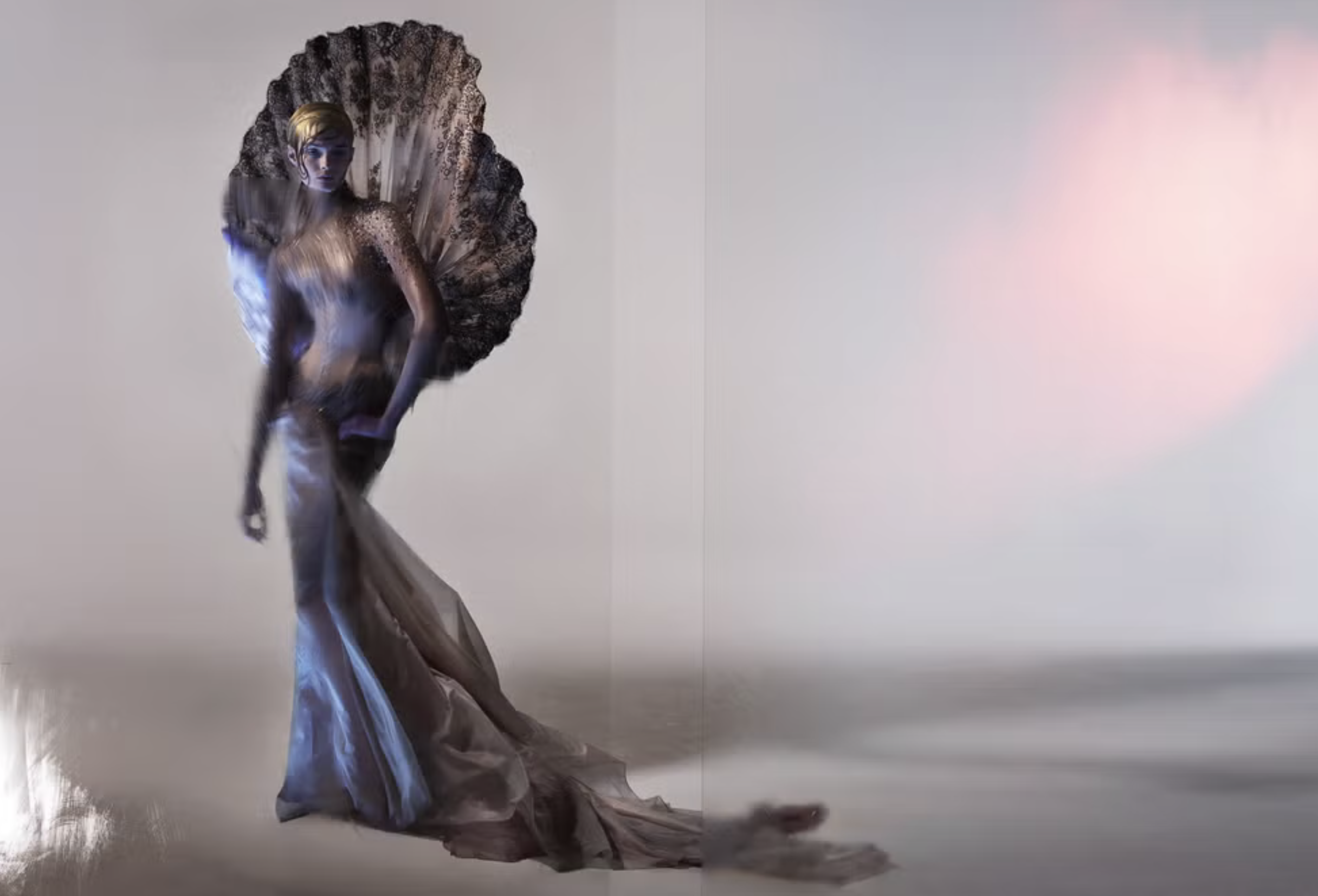 Chantilly lace shell dress with crystals and Swarovski pearls, lamé silk chiffon skirt, all MISS SOHEE