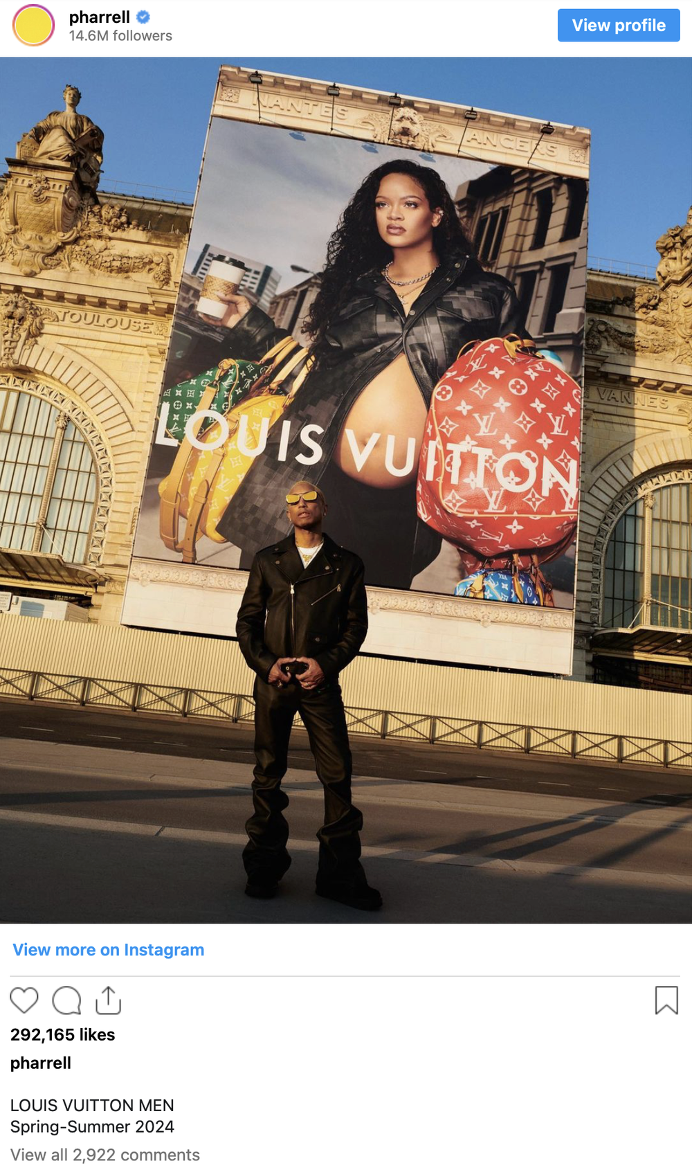 Pharrell Taps Rihanna as Muse for Louis Vuitton Men's Show in