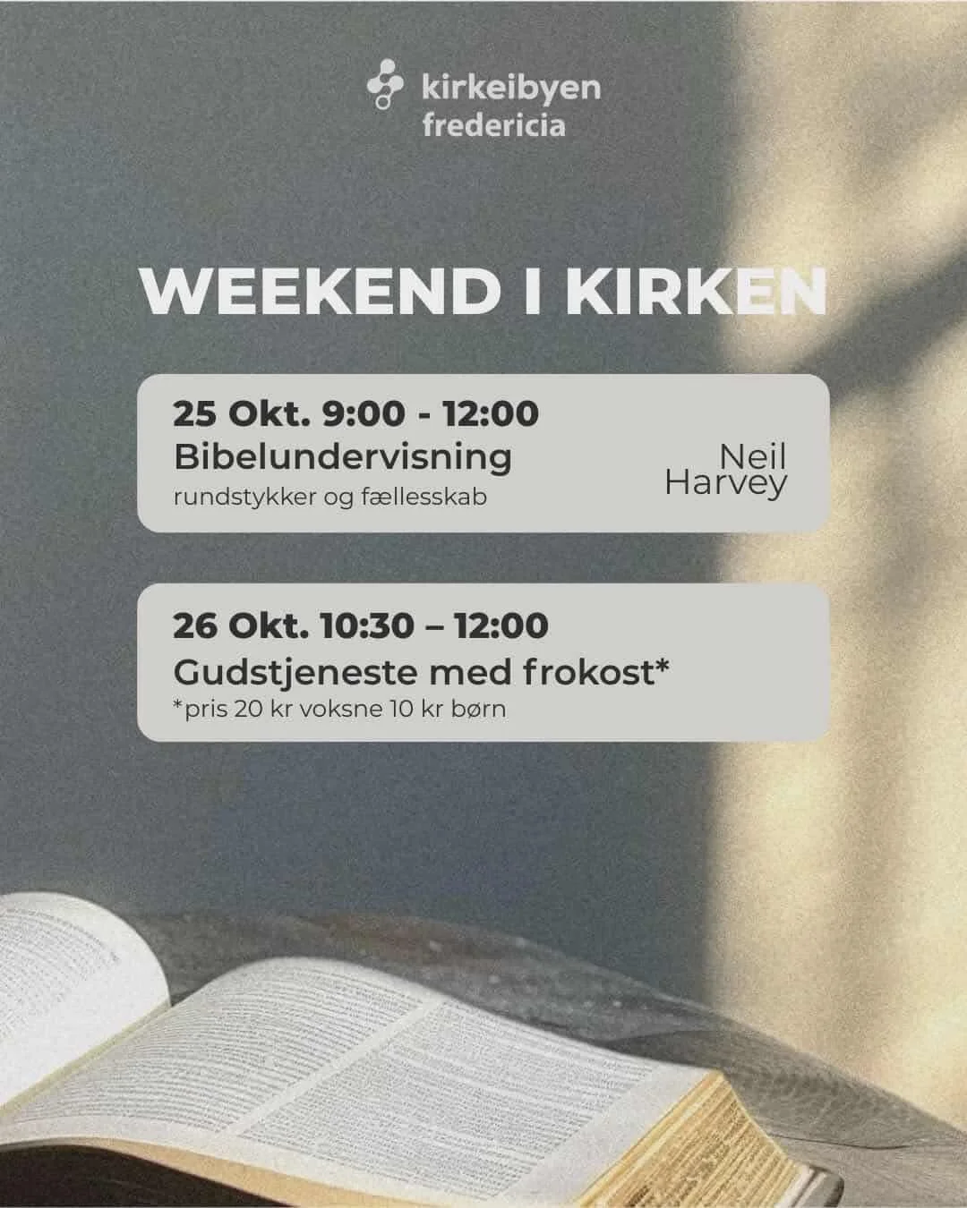 Eng bellow👇🏼
I morgen har vi bibelundervisning med Neil. 
Søndag har vi Gudstjeneste med frokost (pris 20 kr voksne 10 kr børn)
Velkommen til gudstjeneste med lovsang, budskab og Guds nærvær. Kaffe og let servering efte