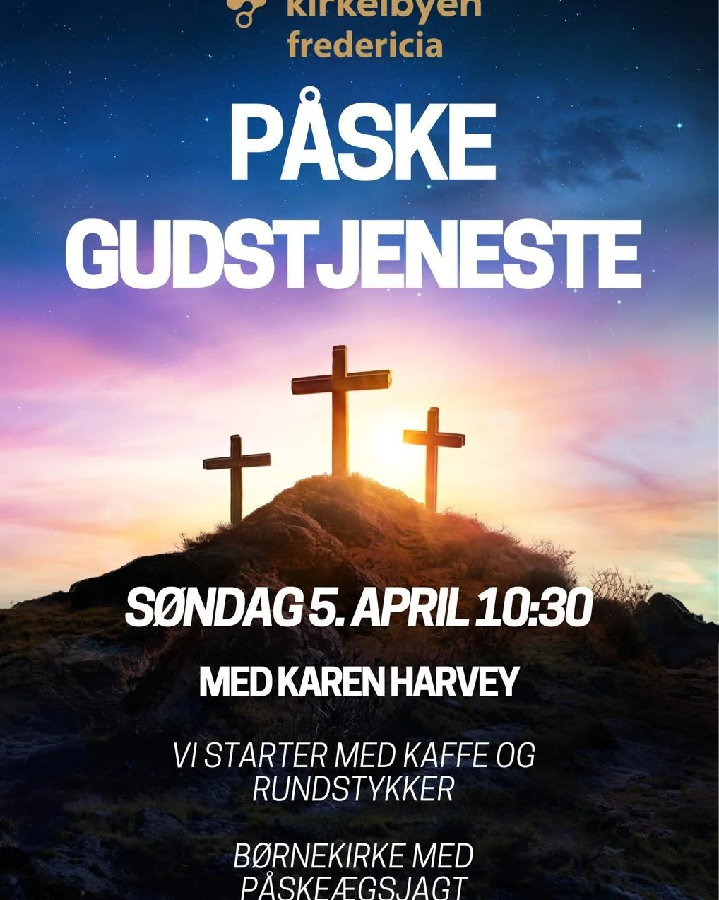 P&aring; s&oslash;ndag gudstjeneste med morgenmad og p&aring;ske&aelig;gsjagt for b&oslash;rnene. Morgenmad 15 kr for voksne og 10 kr for b&oslash;rn. 
Tilmeld til morgenmad s&aring; vi har nok: https://www.facebook.com/share/1KpcqW9voU/?mibextid=wwX