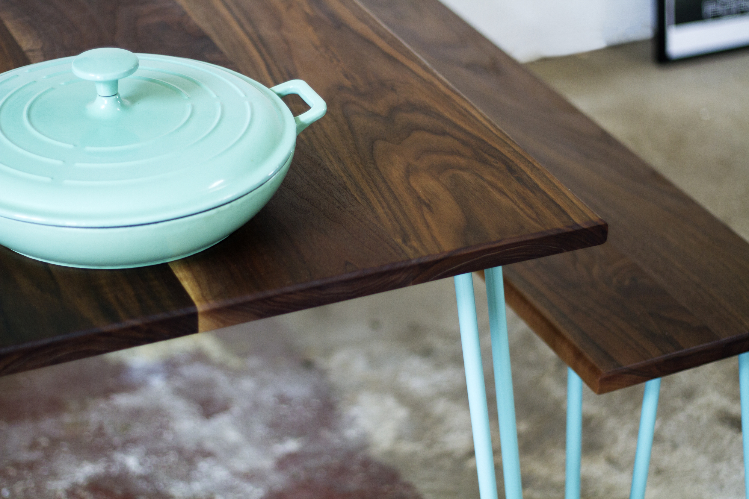 Walnut wood Dining table and bench by Cord Industries (shown with steel hairpin legs in turquoise).
