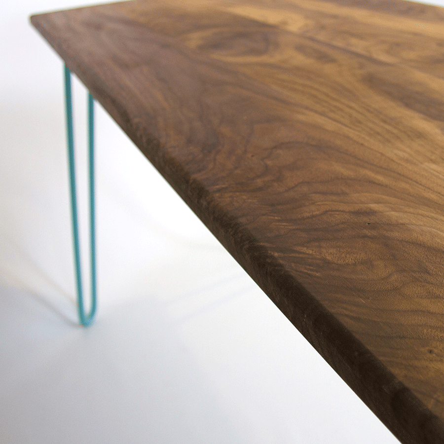 Walnut wood Dining table by Cord Industries (shown with steel hairpin legs in turquoise).