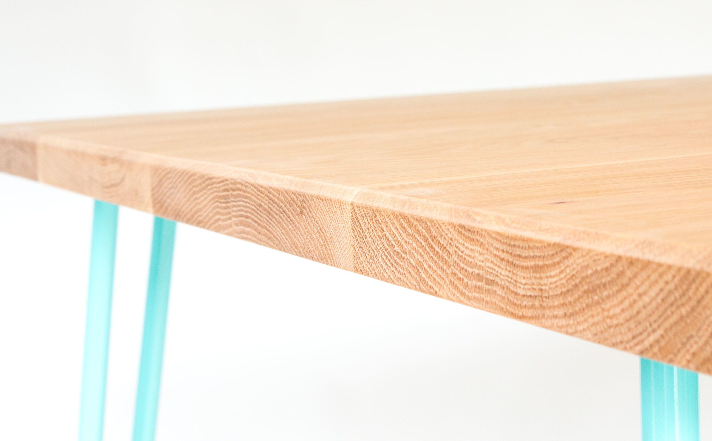 European Oak table top on Cord Industries steel hairpin legs in turquoise