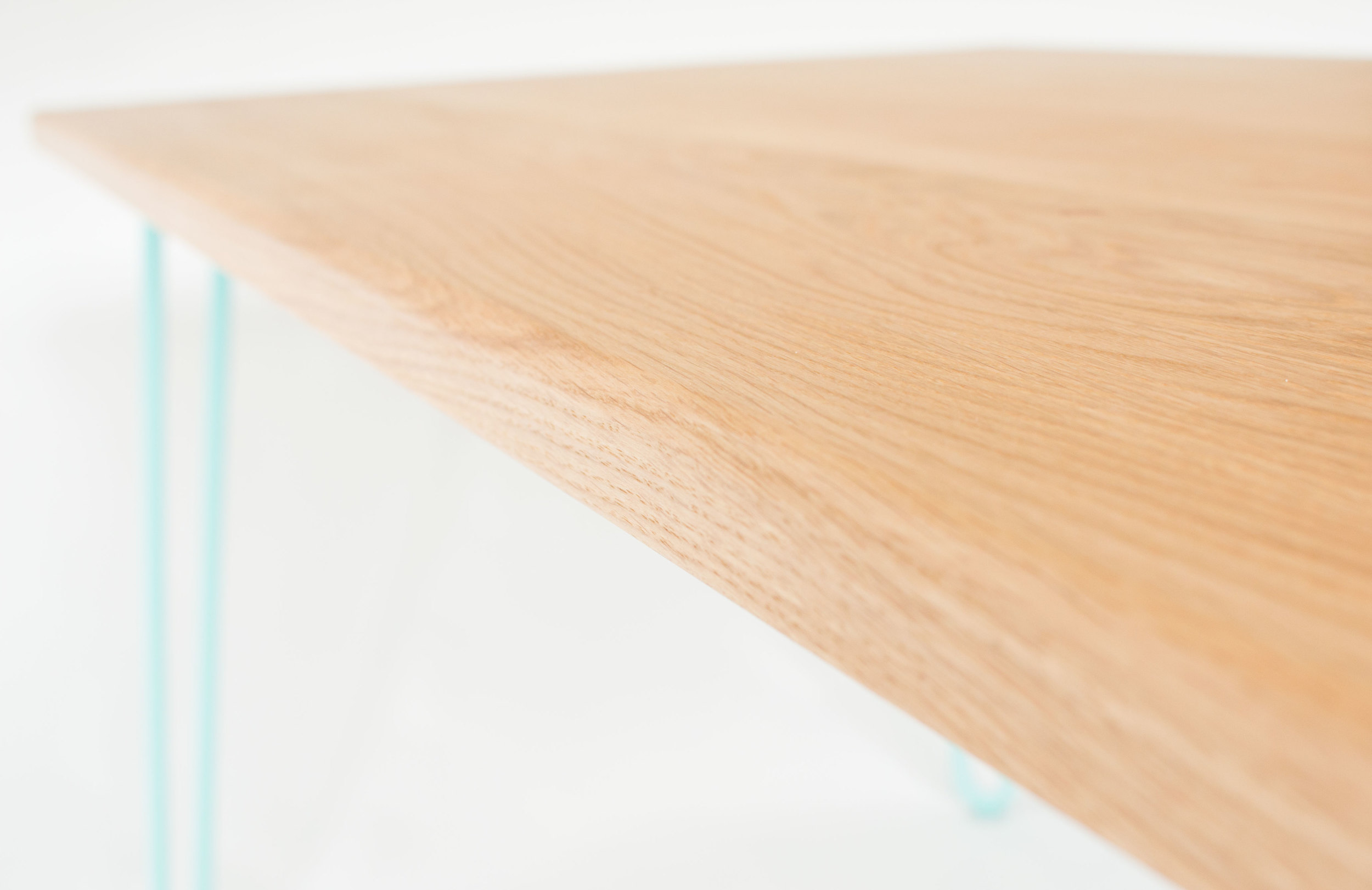 European Oak table top on Cord Industries steel hairpin legs in turquoise