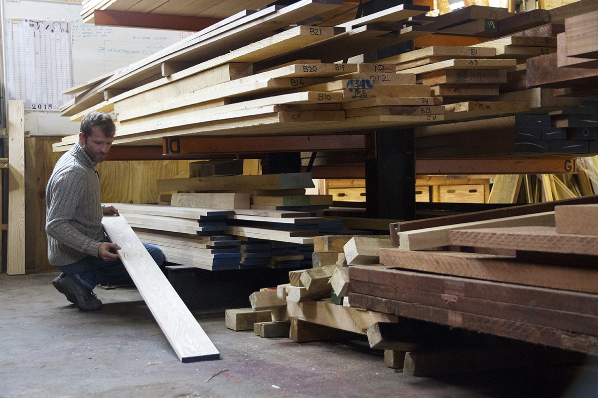 Selecting planks of oak at the timber yard