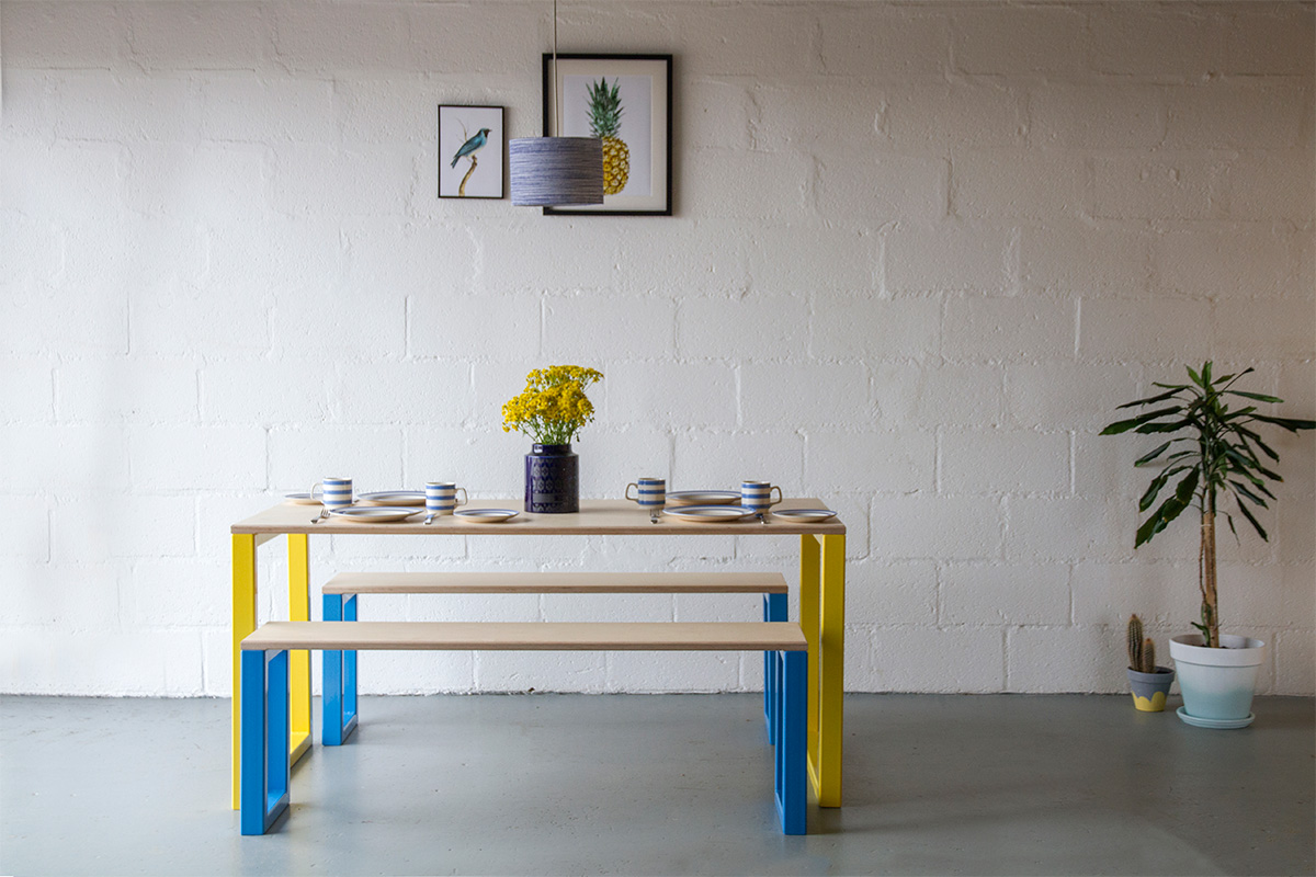 Cord Industries Nola steel and wood dining set yellow and blue