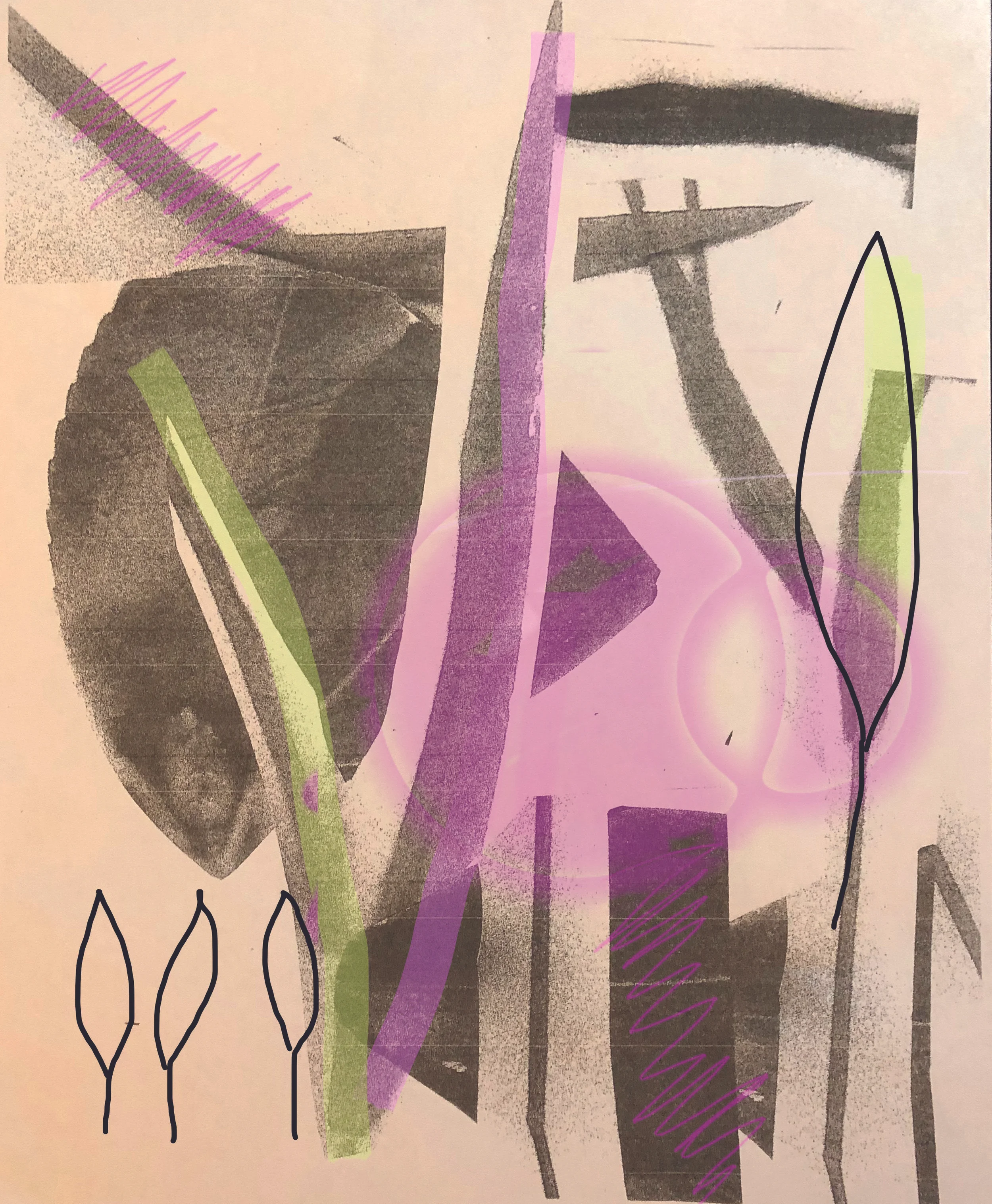 Trace the resulting images with markers or colored pencils, overlapping, flipping and rotating to create multiple compositions. You can also collage the copies. Color in with pastel, colored pencils or acrylic paint.