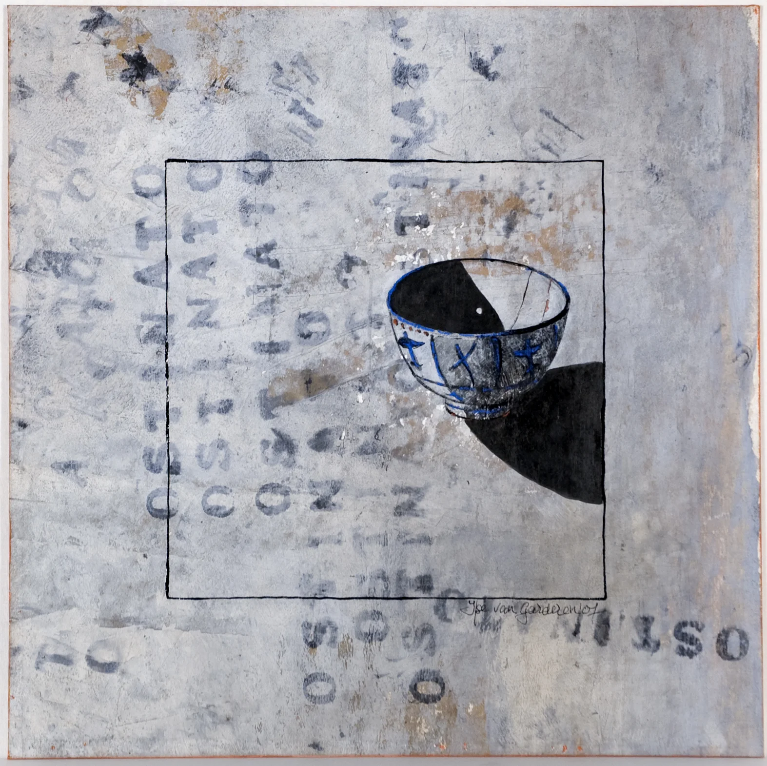 Pen and ink, pastel on prepared ground, 30x30 cm