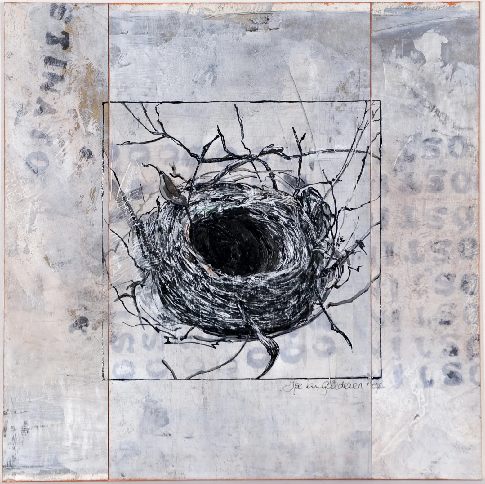 Pen and ink, pastel on prepared ground, 30x30 cm