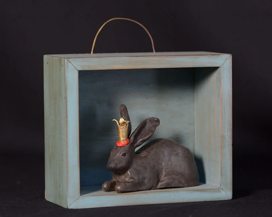 Hare with a golden crown, mixed media, 14x16x8 cm