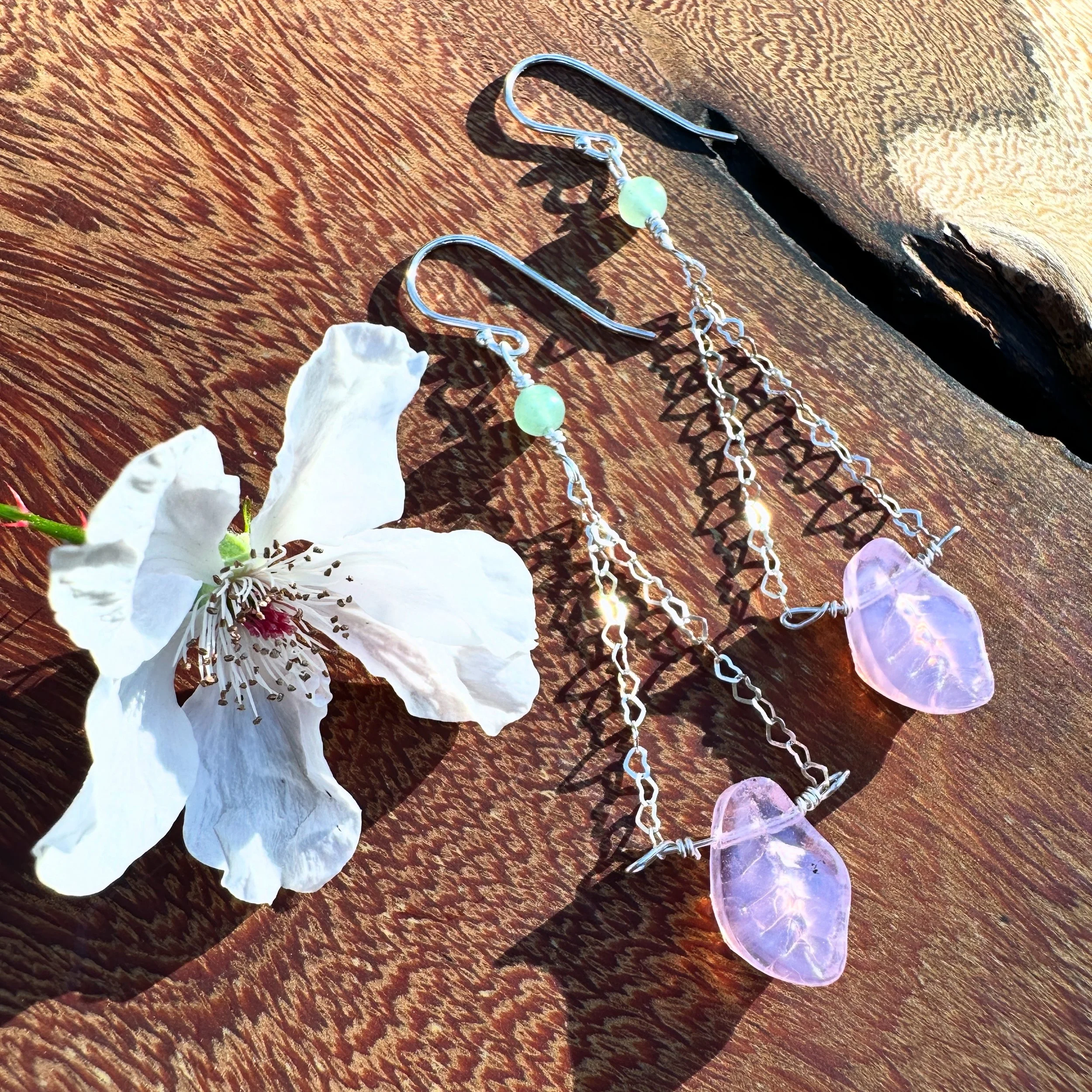 Pink Opalite Leaf Earrings with Green Aventurine