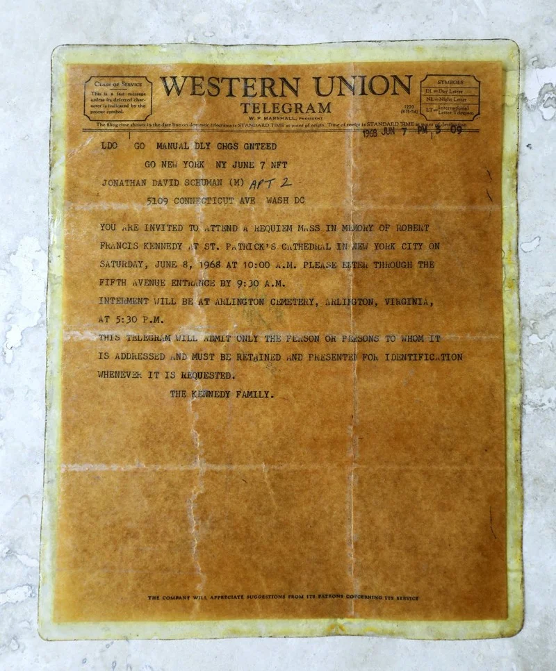A Western Union telegram belonging to Jonathan Schuman of Lake Clarke Shores. “This was the only way anyone could get in to (RFK’s) funeral at St. Patrick’s and interment in Arlington.” (Bruce R. Bennett / The Palm Beach Post)