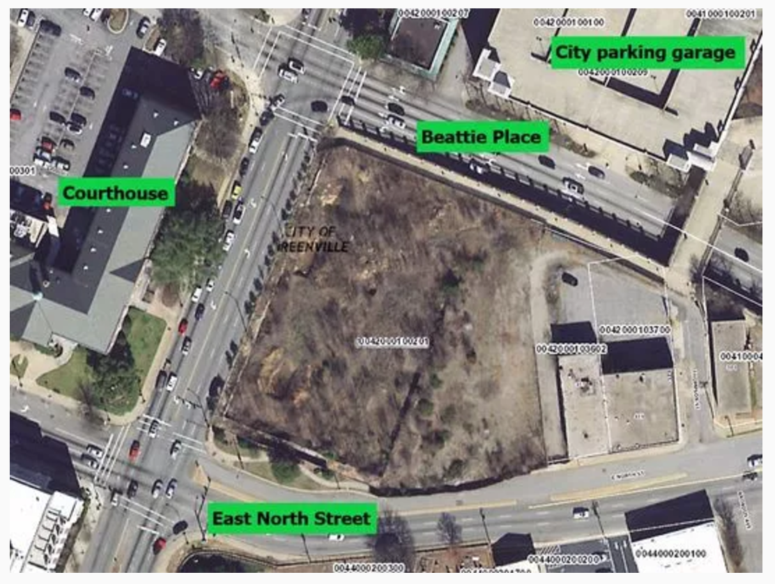 The 1.83-acre Gateway site, located on North Church Street across from the county courthouse, is sandwiched between Beattie Place and East North Street. It recently sold for $3 million. (Photo: Anna B. Mitchell)